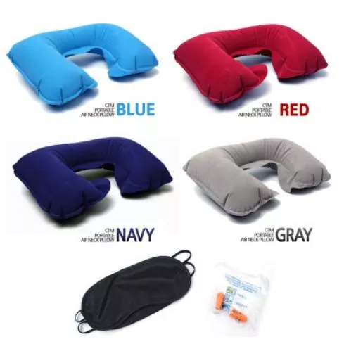 【營伙蟲365】戶外旅遊三件組PVC植絨充氣U型枕/汽車旅行隔音耳塞遮光眼罩三件套