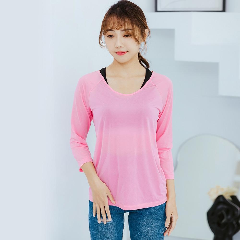 彈性顯瘦修身超輕薄七分袖圓領T恤-粉紅