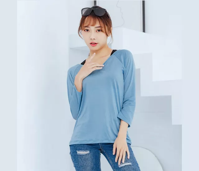 【NEONER涼感衣】彈性顯瘦修身超輕薄七分袖圓領T恤-莫蘭迪藍