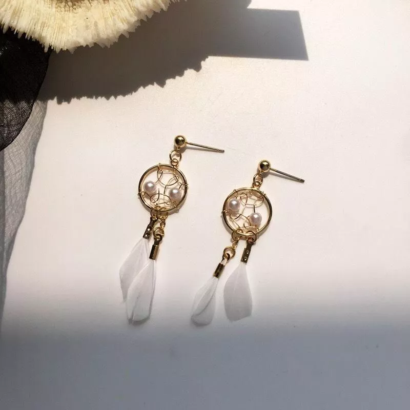 S925銀針長款唯美羽毛甜美日系捕夢創意網狀珍珠耳環