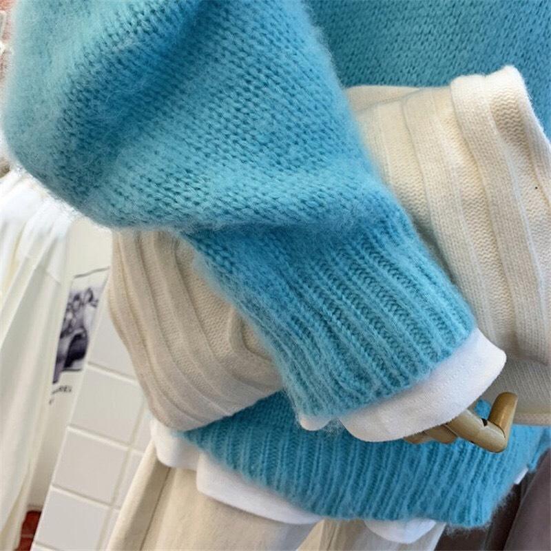秋冬慵懶針織藍色毛衣