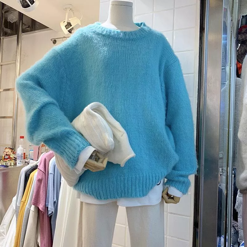 秋冬慵懶針織藍色毛衣