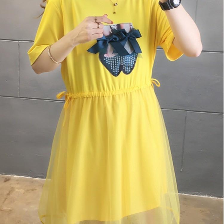 夏季中長款圓領短袖網紗拼接收腰T恤裙子2色 M-2XL
