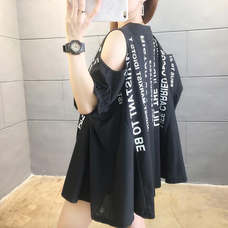 夏季時尚露肩短袖字母印花圓領韓版寬松T恤3色 M-2XL