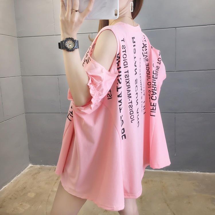 夏季時尚露肩短袖字母印花圓領韓版寬松T恤3色 M-2XL