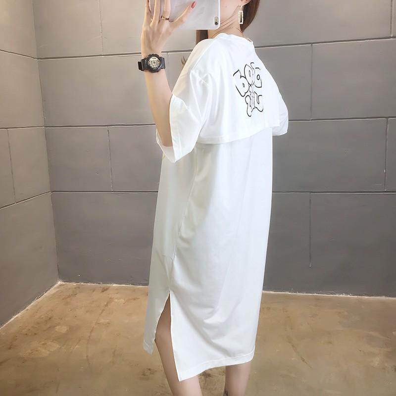夏季中長款設計露背可愛卡通印花圓領短袖T恤2色 M-2XL