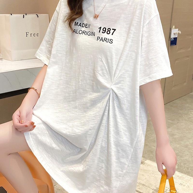 夏季新款扭結韓版圓領中長上衣短袖T恤2色 M-XL