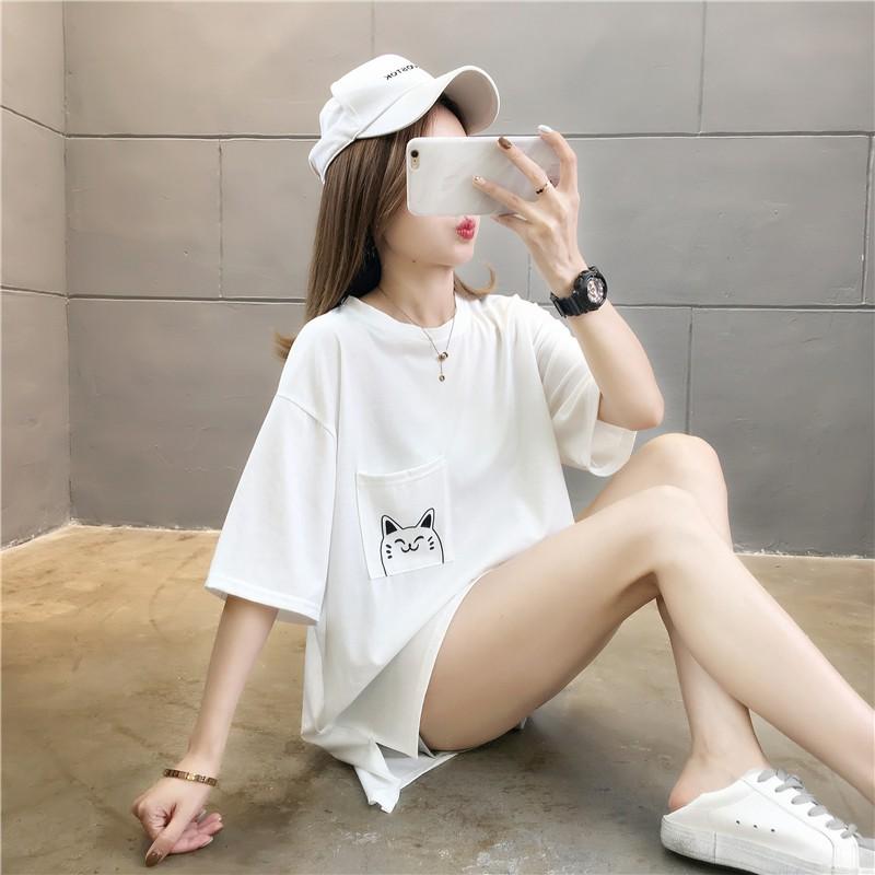 新款寬松韓版口袋貓夏季短袖T恤2色 M-2XL