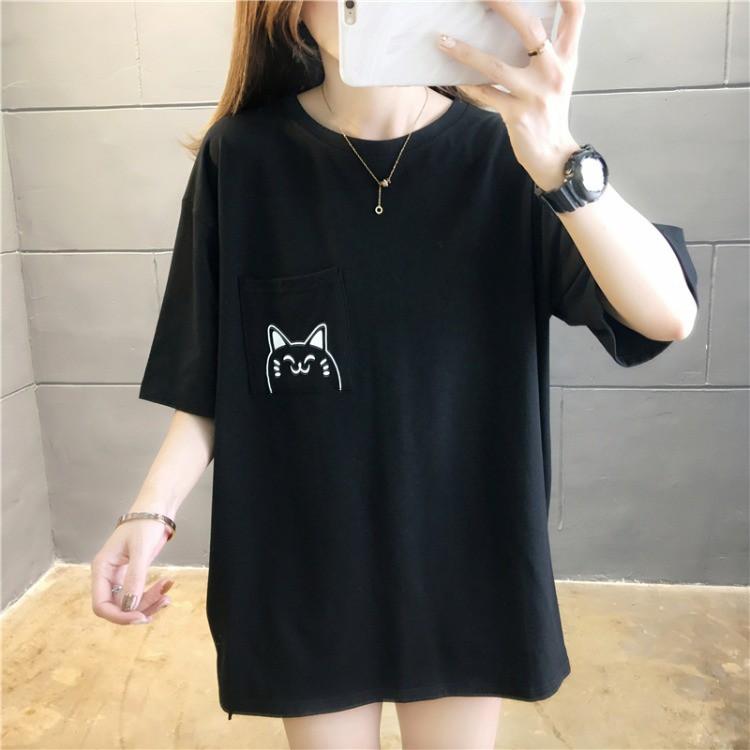 新款寬松韓版口袋貓夏季短袖T恤2色 M-2XL