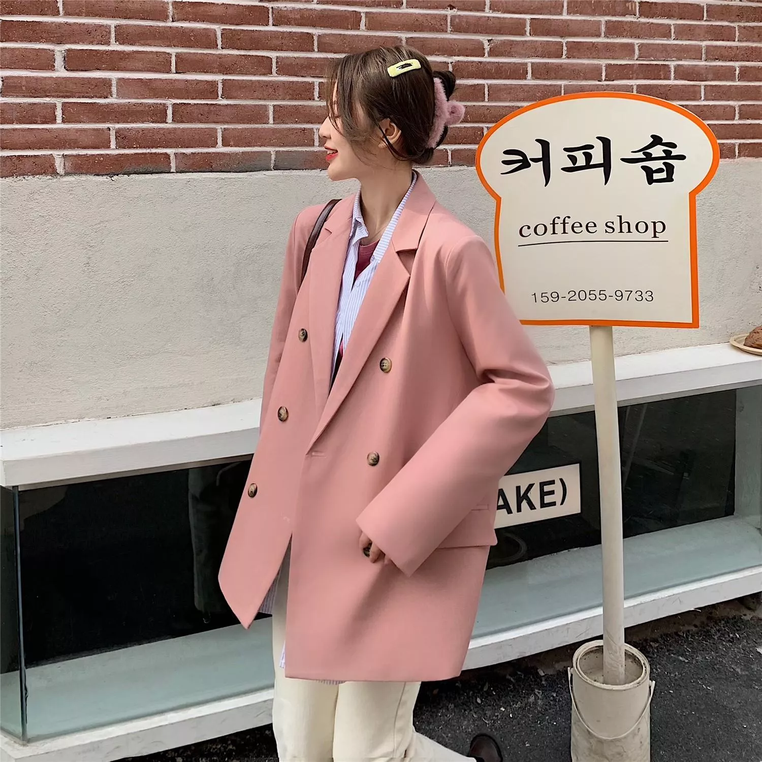 粉色西裝外套女韓版設計感雙排扣休閒小西服4色