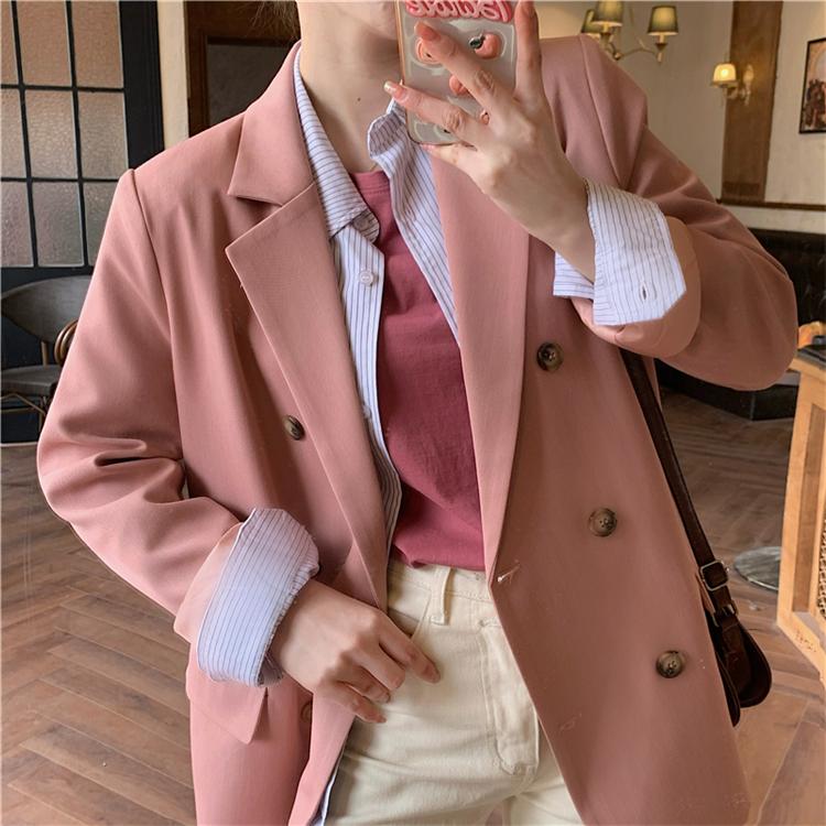 粉色西裝外套女韓版設計感雙排扣休閒小西服4色