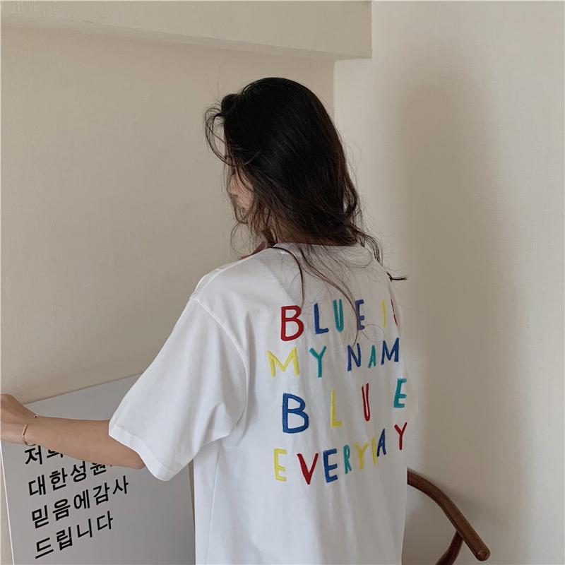 夏季韓版字母刺繡設計感小眾T恤上衣2色 M-XL