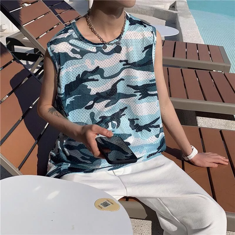 男夏季迷彩嘻哈寬鬆無袖背心馬甲上衣2色 S-3XL