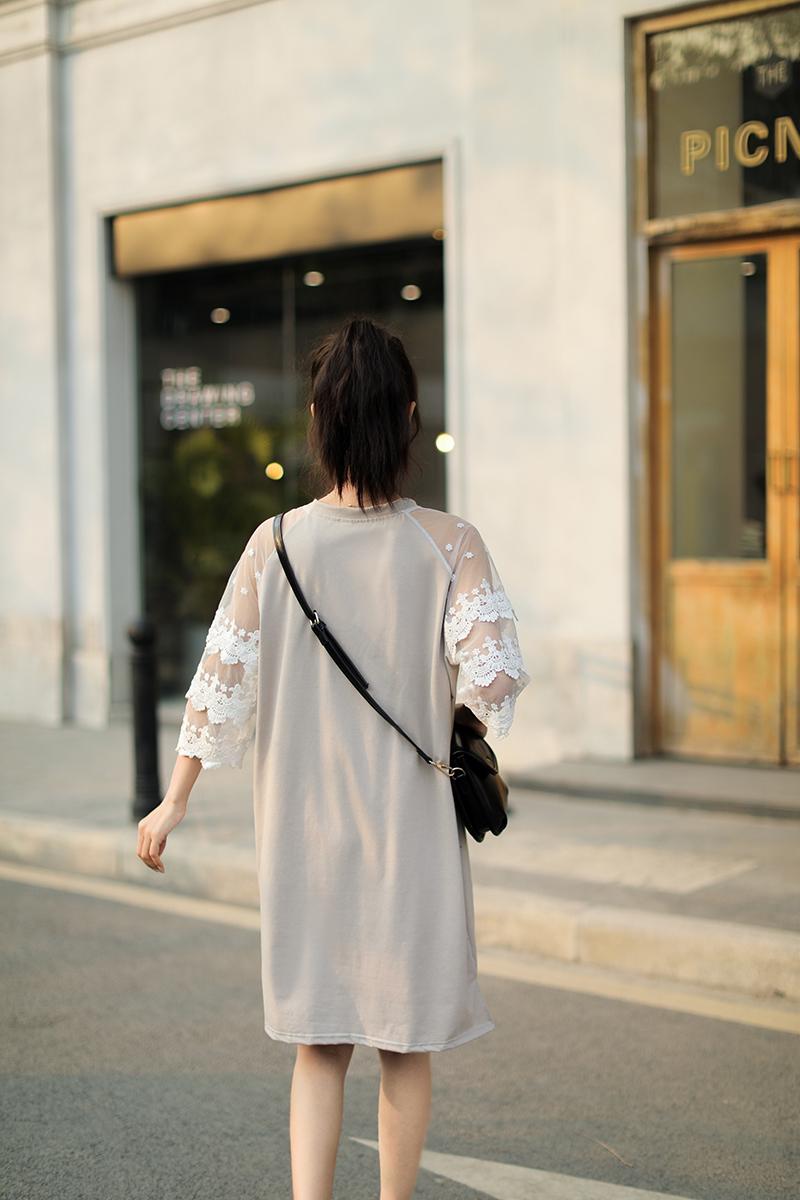 夏季氣質寬鬆套頭蕾絲拼接顯瘦短袖T桖連衣裙2色 M-2XL