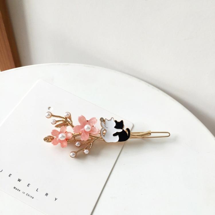 春夏新款古風唯美粉色花朵可愛小貓咪珍珠髮飾