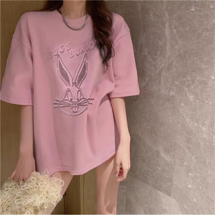 兔子鑲鑽新款夏季寬鬆短袖T桖3色 M-XL