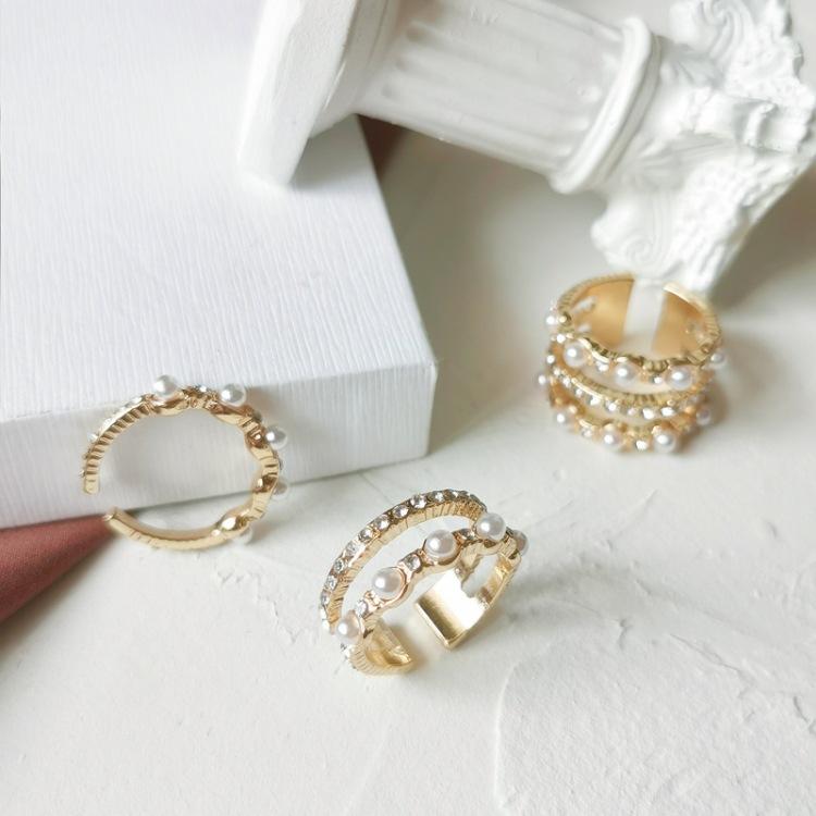 時尚個性簡約多層鑲鑽氣質學生唯美珍珠戒指