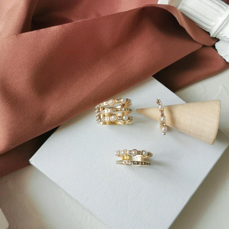 時尚個性簡約多層鑲鑽氣質學生唯美珍珠戒指