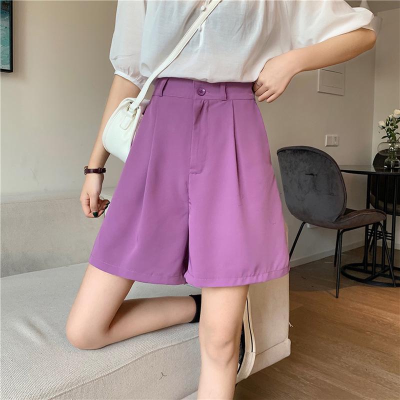 夏季韓版新款高腰顯瘦西裝寬鬆紫色五分短褲3色 M-4XL