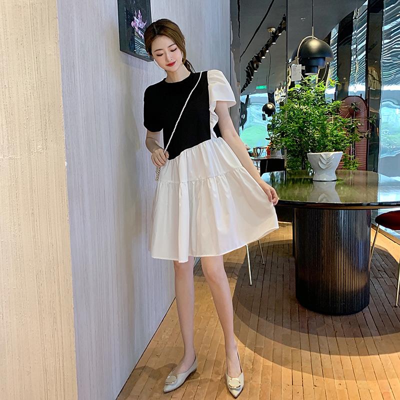 新款小香風假兩件白色泡泡袖連衣裙 M-3XL