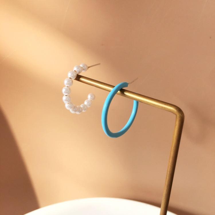 S925銀針日韓創意小清新藍色不對稱唯美珍珠耳釘