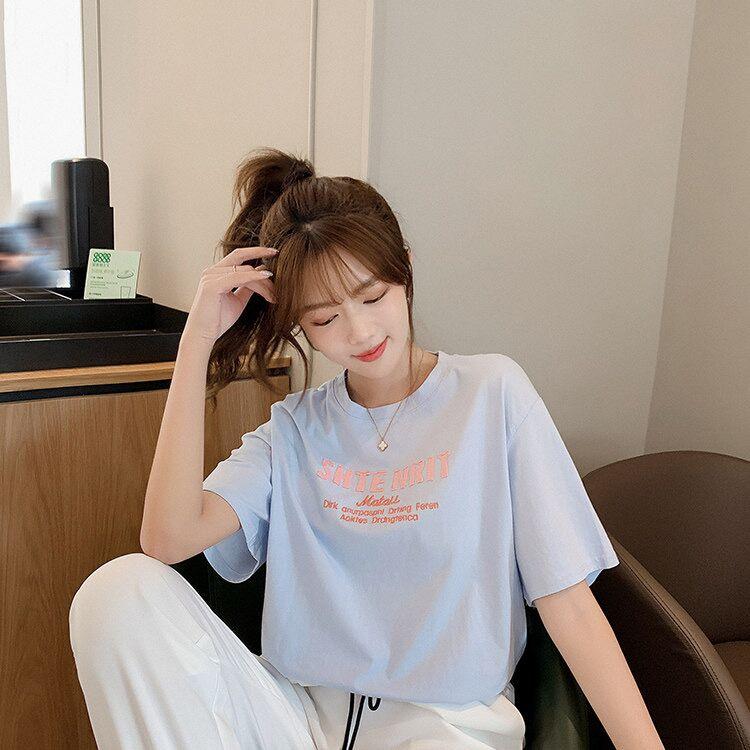 韓版新款寬鬆糖果色字母貼佈刺繡百搭短袖上衣4色 M-2XL