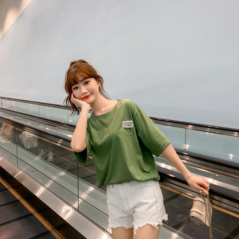 網紅韓版寬鬆貼佈鏈條設計感短袖洋氣小衫3色 M-2XL