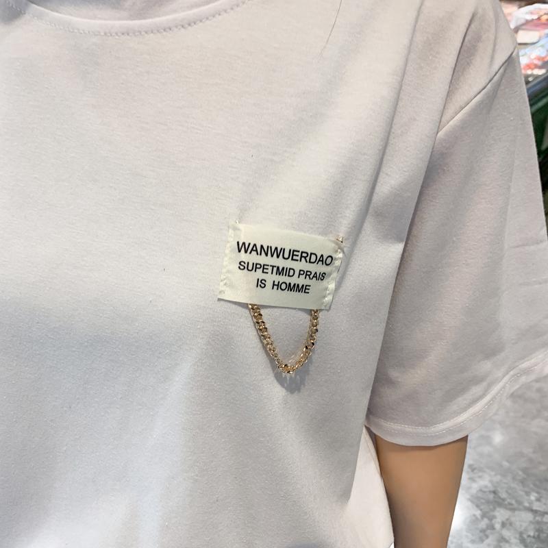 網紅韓版寬鬆貼佈鏈條設計感短袖洋氣小衫3色 M-2XL