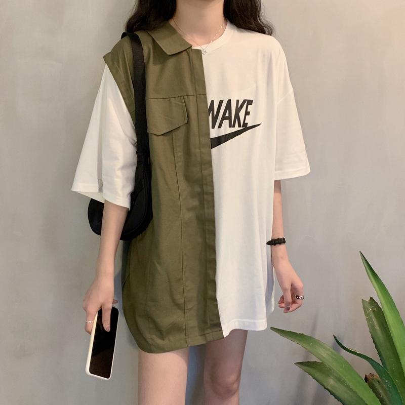 夏季新款韓版拼接中長款短袖寬鬆百搭休閒時尚上衣2色 M-2XL