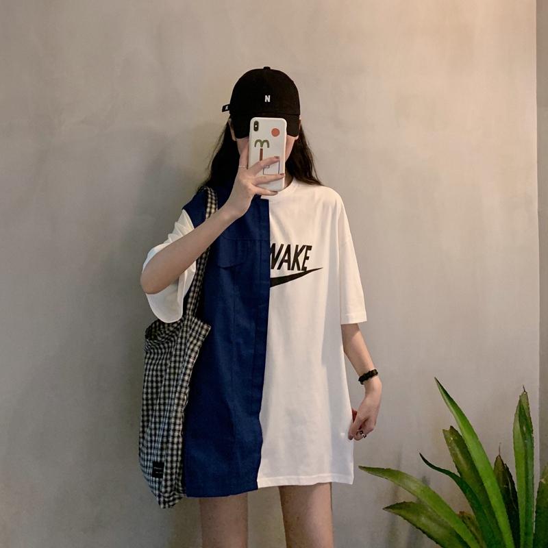夏季新款韓版拼接中長款短袖寬鬆百搭休閒時尚上衣2色 M-2XL