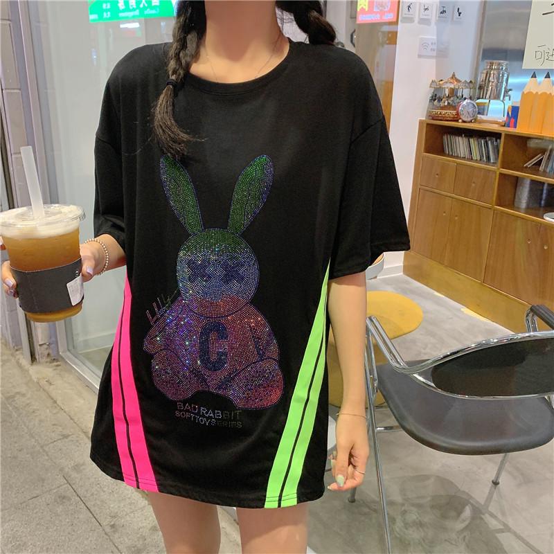 夏季新款韓版寬鬆兔子貼鑽洋氣網紅ins潮上衣 M-2XL