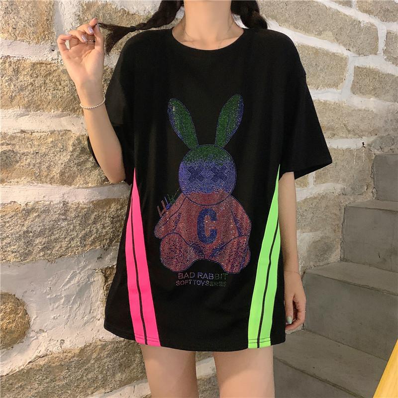 夏季新款韓版寬鬆兔子貼鑽洋氣網紅ins潮上衣 M-2XL