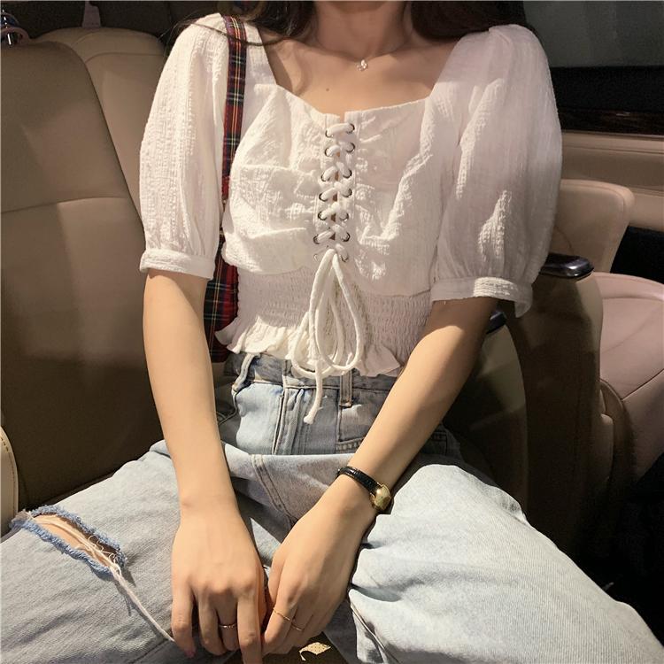 韓版氣質方領綁帶收腰設計感泡泡袖襯衫