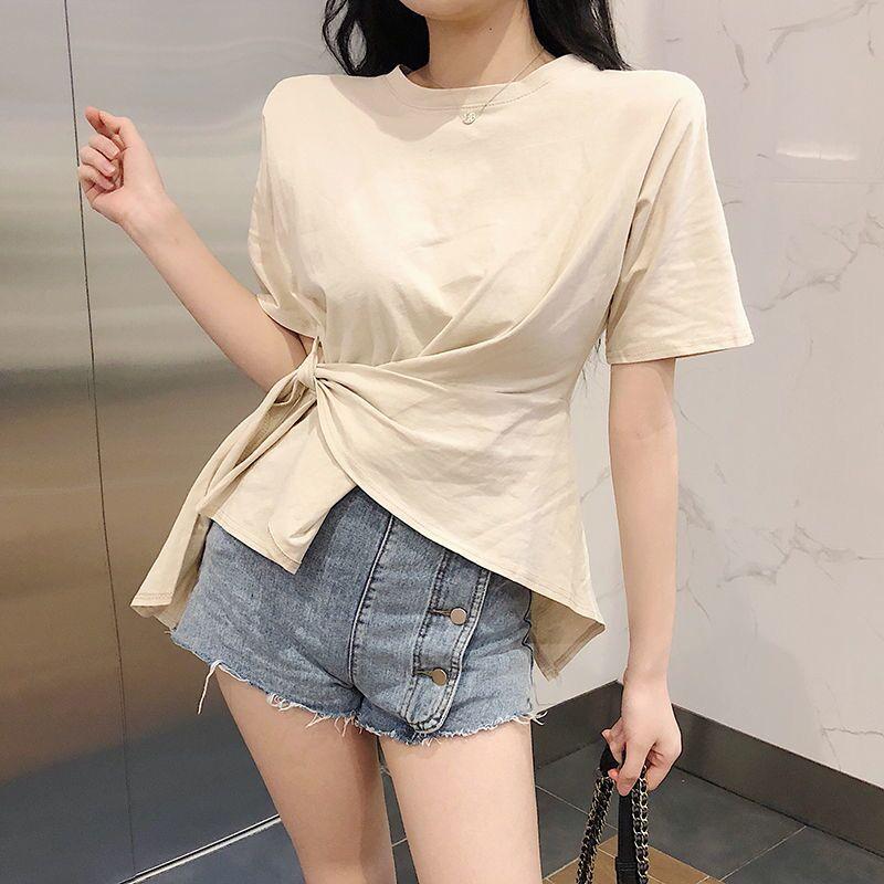 網紅夏季新款短袖不規則純棉設計感顯瘦上衣2色 M-2XL