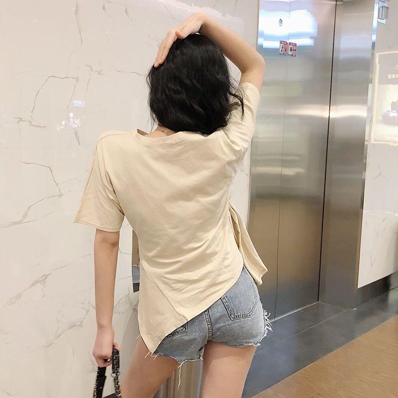 網紅夏季新款短袖不規則純棉設計感顯瘦上衣2色 M-2XL