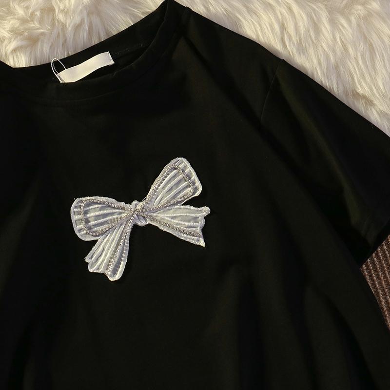 春夏新款韓版蝴蝶結甜美減齡短袖上衣2色 M-XL