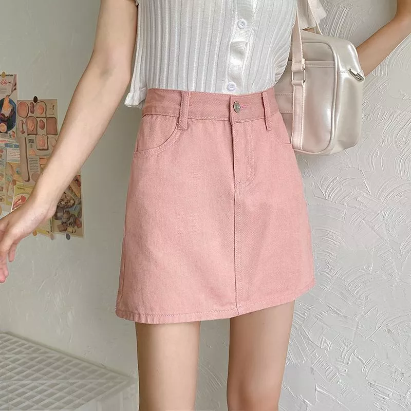 夏新款甜美粉色鬆緊高腰顯瘦包臀牛仔短裙3色 S-XL