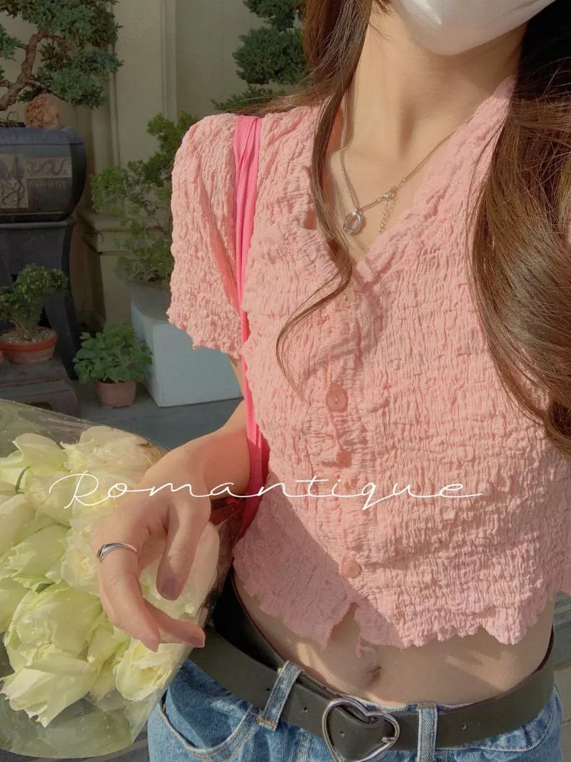 開衫短款夏薄款設計感小眾褶皺V領粉色短袖上衣