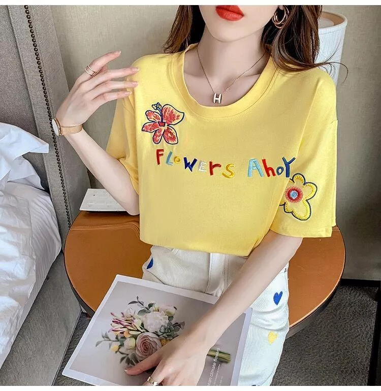 網紅夏季韓版短袖字母花朵重工洋氣刺繡字母上衣3色 M-2XL