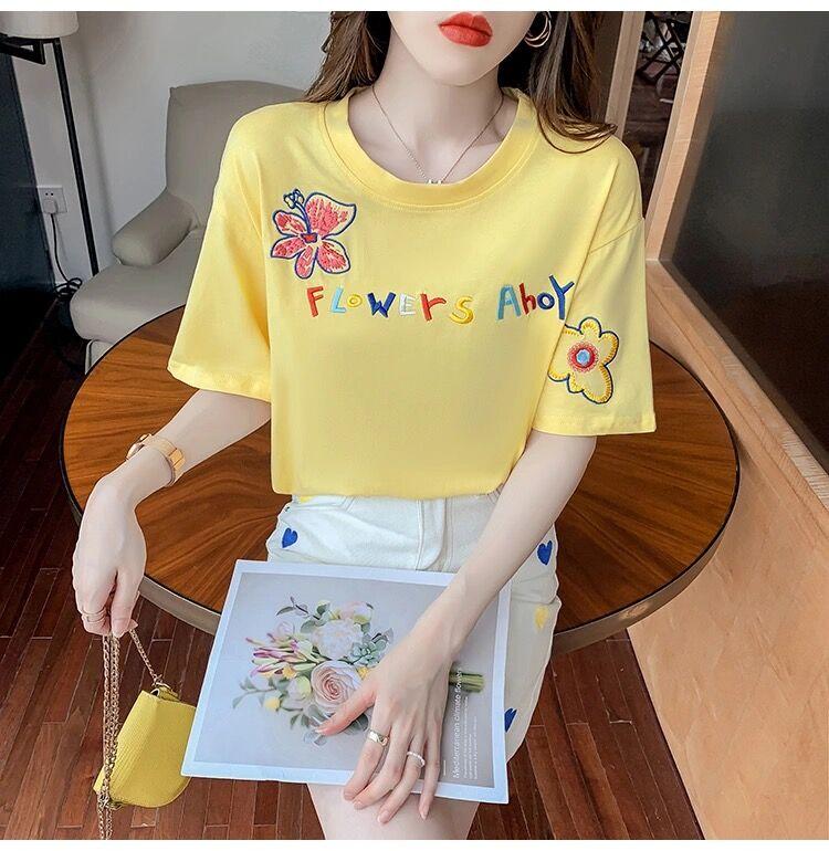 網紅夏季韓版短袖字母花朵重工洋氣刺繡字母上衣3色 M-2XL