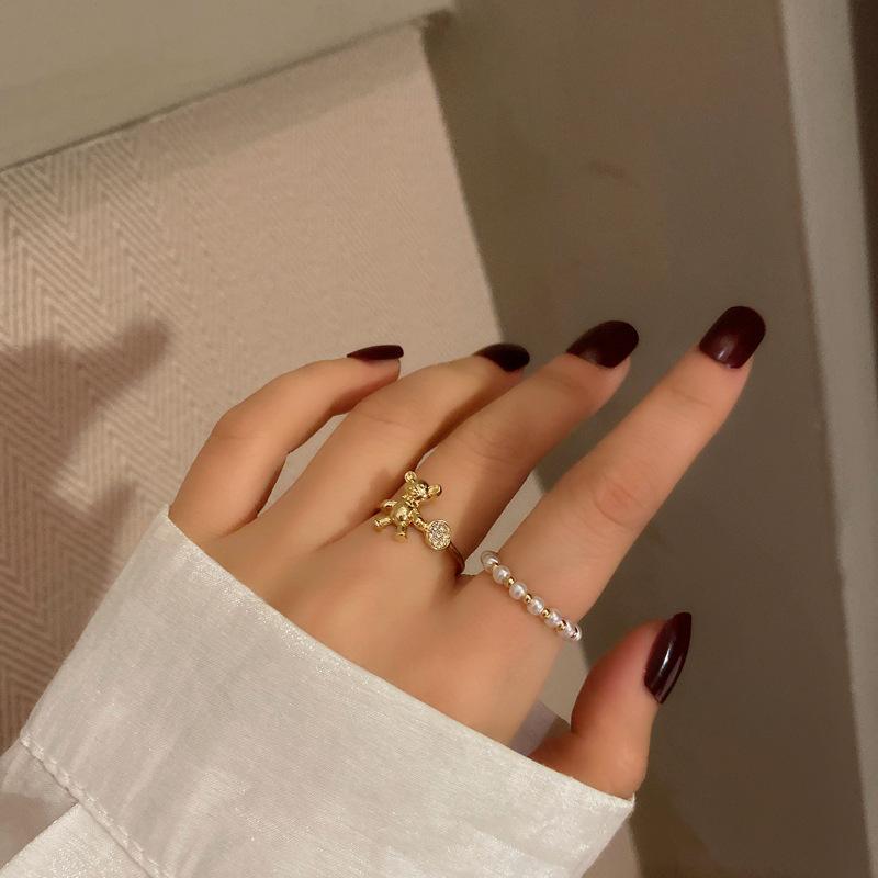 日韓個性時尚金屬小熊鑲鑽氣質唯美珍珠少女戒指