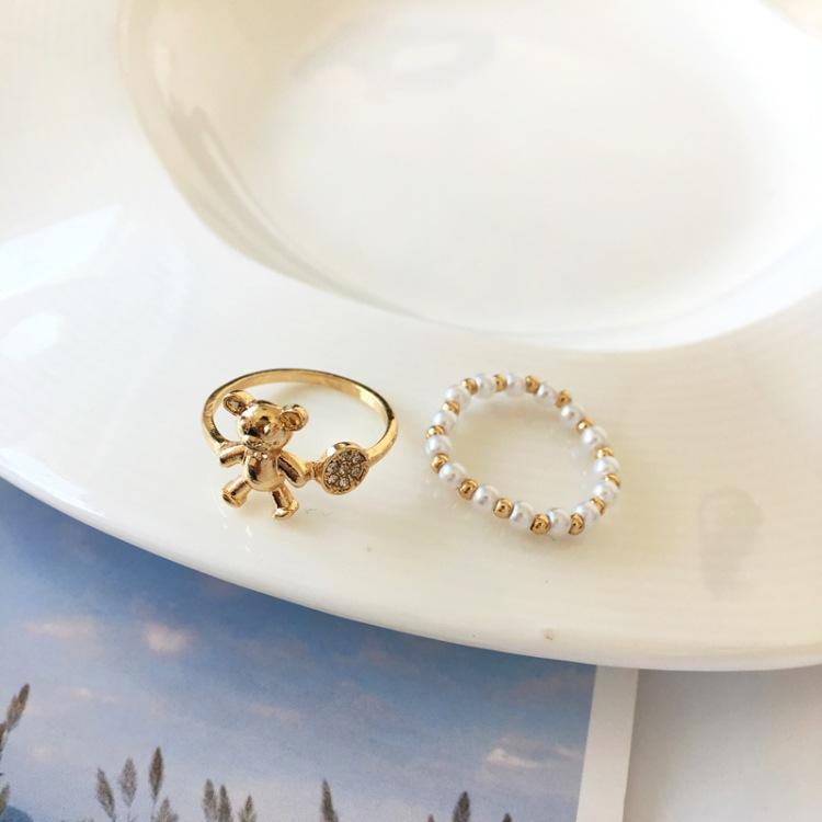 日韓個性時尚金屬小熊鑲鑽氣質唯美珍珠少女戒指