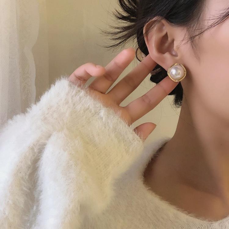 S925銀針法式唯美復古方形珍珠氣質時尚耳釘