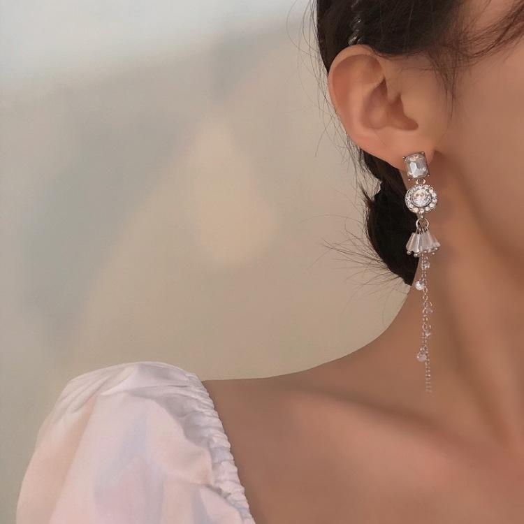 日韓仙氣唯美流蘇不對稱閃亮鑲鑽氣質長款顯臉瘦耳環