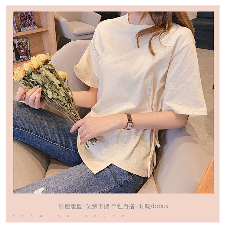 韓版不規則褶皺寬鬆時尚收腰顯瘦抽繩純棉T恤2色 M-2XL