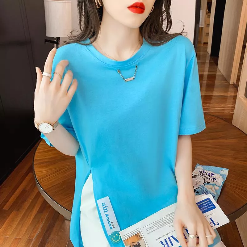 夏季新款韓版開叉鍊條時尚上衣女裝2色 M-XL