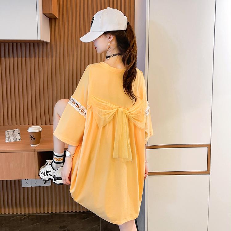 韓版中長款蝴蝶結蕾絲小恐龍設計短袖上衣3色 M-2XL