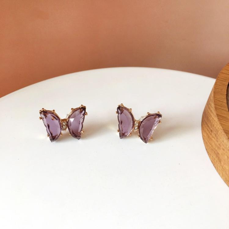 S925銀針唯美仙氣新款蝴蝶耳釘清新紫色鑲鑽耳環