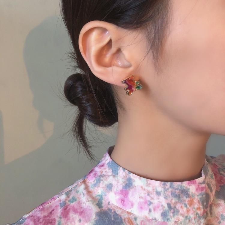 S925銀針mini可愛小熊耳釘趣味卡通日韓少女甜美耳飾