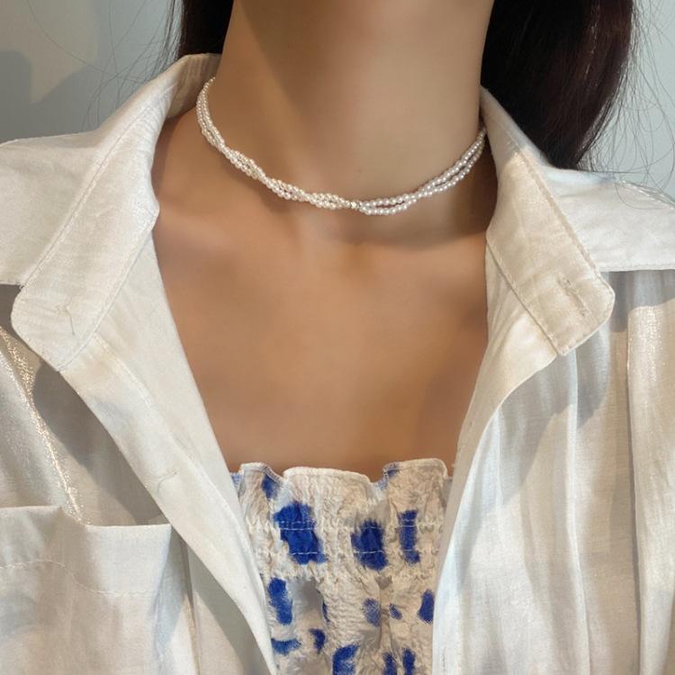 復古時尚氣質雙層纏繞珍珠項鍊唯美疊戴鎖骨鏈